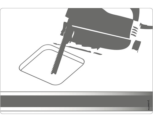 Illustration einer Stichsäge beim Aussägen einer quadratischen Form.