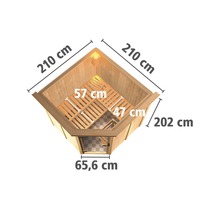 Draufsicht einer Ecksauna mit den Maßen 210 mal 210 mal 202 Zentimeter und einer Türbreite von 65,6 Zentimetern.