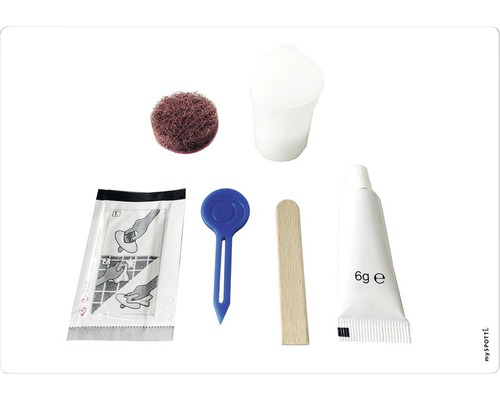 Reparaturset mit Schleifvlies, Becher, Reinigungstuch, Spachtel, Rührholz und Tube mit 6 Gramm Inhalt