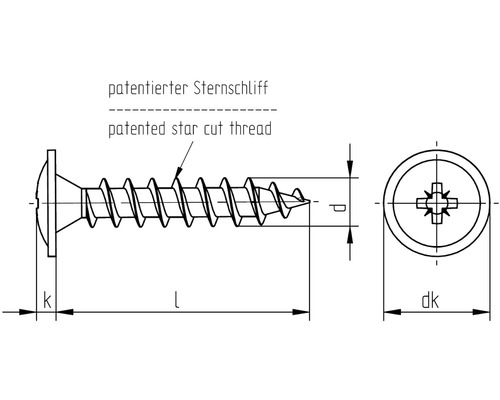 Technische Zeichnung einer Schraube mit patentiertem Sternschliff