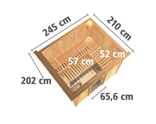 Technische Zeichnung einer Sauna mit Maßangaben