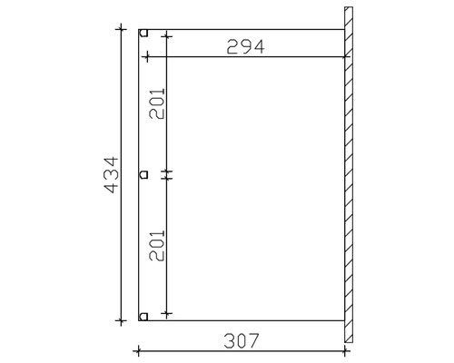 Technische Zeichnung mit Maßangaben: Höhe 434, Breite 307, Tiefe 294, vertikale Elemente 201.