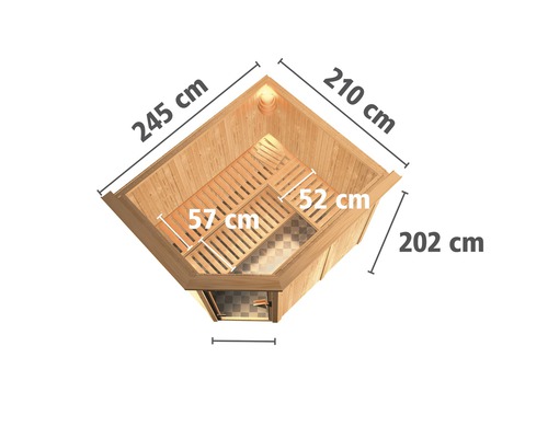 Draufsicht einer Ecksauna mit den Maßen 245 cm, 210 cm und 202 cm