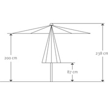 Skizze eines Sonnenschirms mit Höhenangaben in Zentimetern