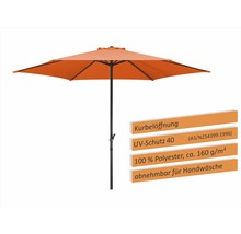 Oranger Sonnenschirm mit Kurbelöffnung, UV-Schutz 40, aus 100 Prozent Polyester, circa 160 Gramm pro Quadratmeter, abnehmbar für Handwäsche