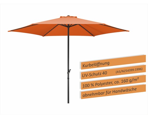 Oranger Sonnenschirm mit Kurbelöffnung, UV-Schutz 40, aus 100 Prozent Polyester, circa 160 Gramm pro Quadratmeter, abnehmbar für Handwäsche