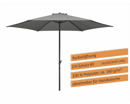 Grauer Gartenschirm mit Kurbelöffnung und UV-Schutz 40, hergestellt aus 100 Prozent Polyester mit circa 160 Gramm pro Quadratmeter, abnehmbar für Handwäsche
