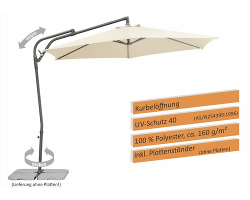 Freiarmschirm mit Kurbelöffnung, UV-Schutz 40, aus 100 Prozent Polyester, inklusive Plattenständer, neigbar und drehbar