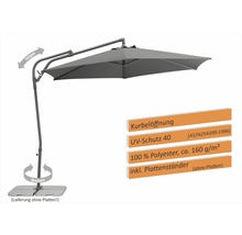 Freiarm-Sonnenschirm mit Kurbelöffnung, UV-Schutz 40, aus 100 Prozent Polyester mit circa 160 Gramm pro Quadratmeter, inklusive Plattenständer aber ohne Platten, neigbar und drehbar.