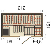 Grundriss einer Sauna mit Maßangaben.