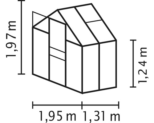 Technische Zeichnung eines Gewächshauses mit Höhen- und Breitenangaben