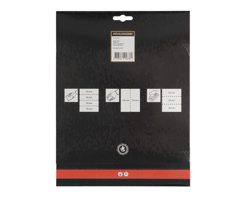 Proline Logo. Verpackungsrückseite mit Angaben zu Schleifpapier