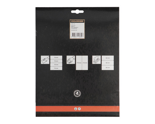 Rückseite der Verpackung von Schleifpapier mit Größenangaben