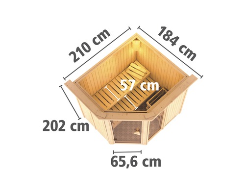 Draufsicht einer Ecksauna mit Maßangaben