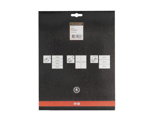 Proline Schleifpapier Verpackungsrückseite mit Angaben zu Körnung und Anwendung