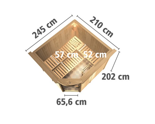 Draufsicht einer Sauna mit den Maßen 245 cm mal 210 cm