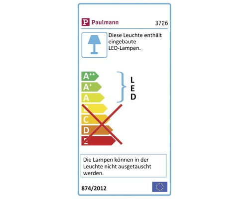 Paulmann Logo. Energieeffizienzlabel mit dem Hinweis, dass diese Leuchte eingebaute LED Lampen enthält. Die Lampen können in der Leuchte nicht ausgetauscht werden.
