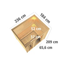 Draufsicht einer Sauna mit Maßangaben