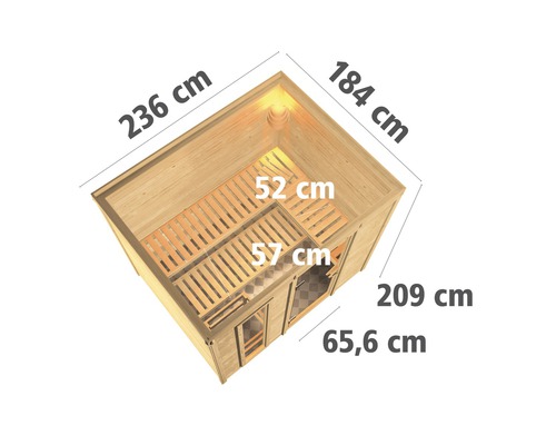 Draufsicht der Abmessungen einer Sauna: 236 cm, 184 cm, 209 cm und 65,6 cm