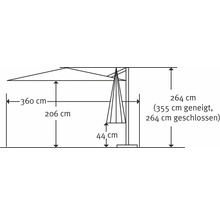 Technische Zeichnung eines Sonnenschirms mit Maßangaben.