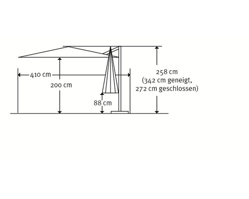 Technische Zeichnung eines Sonnenschirms mit Maßangaben
