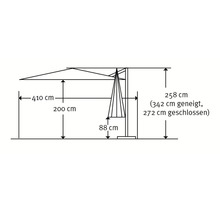 Maße eines Sonnenschirms: 410 cm breit, 200 cm hoch, 258 cm Gesamthöhe, 342 cm geneigt, 272 cm geschlossen und 88 cm Sockelhöhe