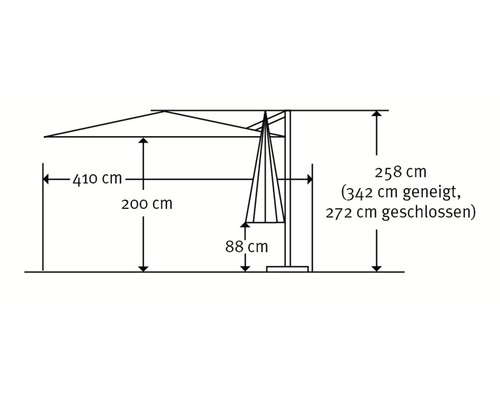 Maße eines Sonnenschirms: 410 cm breit, 200 cm hoch, 258 cm Gesamthöhe, 342 cm geneigt, 272 cm geschlossen und 88 cm Sockelhöhe