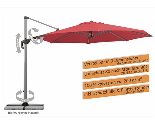 Roter Ampelschirm mit Dreh-, Neige- und Kippfunktion
