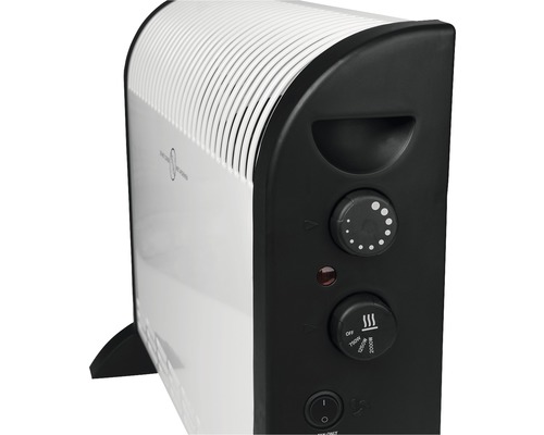 Weißes Heizgerät mit Thermostat und Leistungsstufenregler