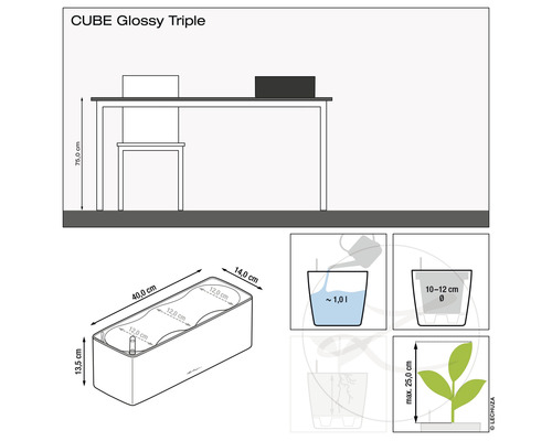 Technische Zeichnung des Pflanzgefäßes Cube Glossy Triple mit Maßangaben und Füllhinweisen.