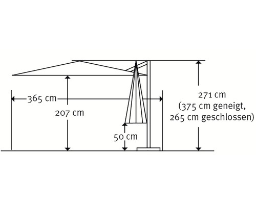Technische Zeichnung eines Sonnenschirms mit Maßangaben