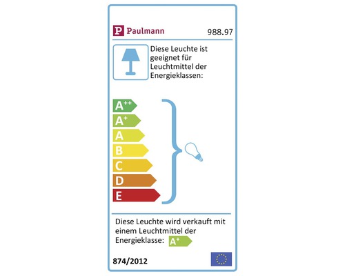 Paulmann Logo. Energieetikett mit Informationen zur Energieeffizienzklasse der Leuchte.