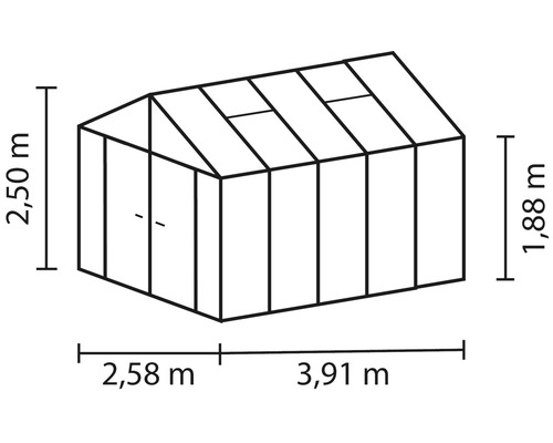 Technische Zeichnung eines Gewächshauses mit Maßangaben