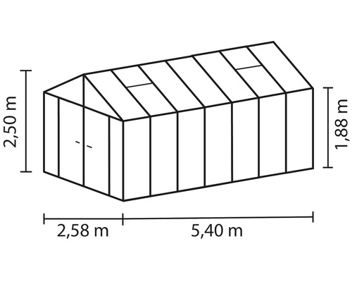 Abbildung eines Gewächshauses mit den Maßen 2,50 m Höhe, 2,58 m Breite und 5,40 m Länge.