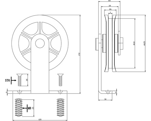 Technische Zeichnung eines Schiebetürbeschlags mit Maßen