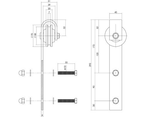 Technische Zeichnung eines Türbeschlags mit Maßen.