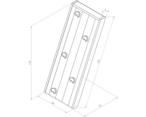 Illustration einer Kletterwand mit Griffen und Maßangaben.