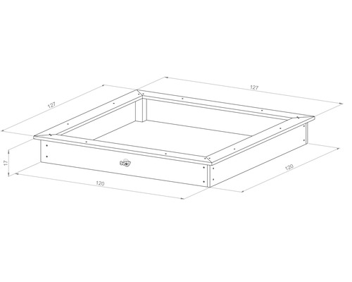 Skizze eines Sandkastens mit den Maßen 127 mal 127 mal 17 Zentimeter