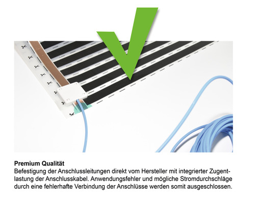 Detailansicht einer Fußbodenheizung mit Anschlusskabel und grüner Markierung