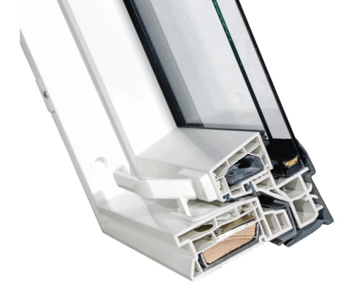 Querschnitt eines Kunststofffensters mit Holzrahmen und Glas