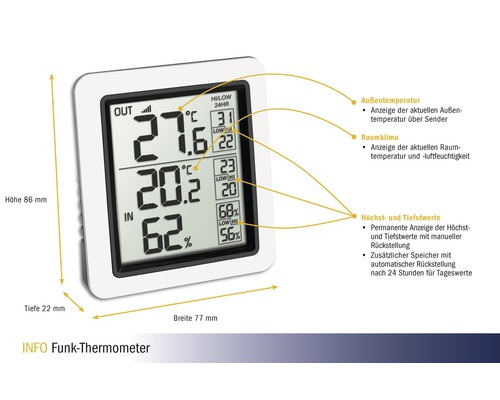 Funkthermometer zur Messung von Innen- und Außentemperatur sowie Luftfeuchtigkeit