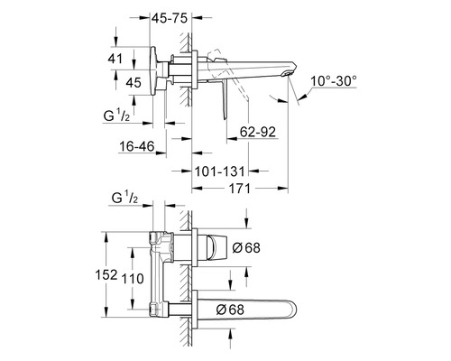 Technische Zeichnung einer Armatur mit Maßangaben