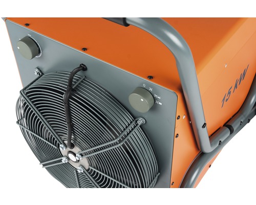 Detailansicht eines elektrischen Heizgeräts mit Ventilator, Temperaturregler und Schutzgitter.
