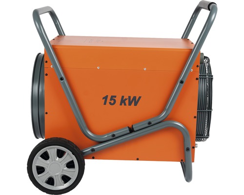 Elektrische Heizung mit einer Leistung von 15 Kilowatt und Rädern zum einfachen Transport.