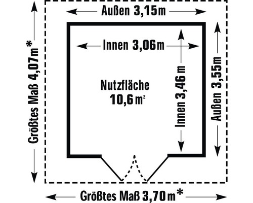 Grundrisszeichnung mit Außenmaßen 3,15 Meter mal 3,55 Meter, Innenmaßen 3,06 Meter mal 3,46 Meter und einer Nutzfläche von 10,6 Quadratmetern