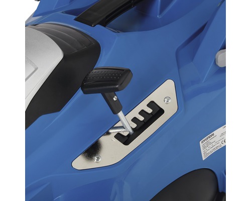 Detailansicht des Schalthebels eines blauen Kinderautos.