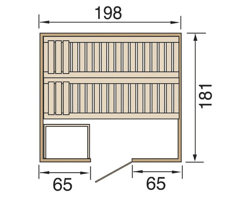 Grundriss einer Sauna mit Maßangaben.