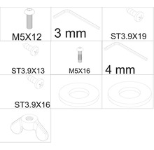 Abbildung verschiedener Schrauben, Unterlegscheiben und Schraubenschlüsselgrößen.