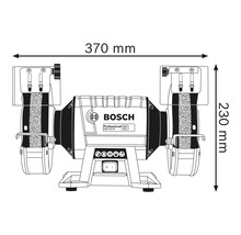 Technische Zeichnung eines Bosch Doppelschleifers mit Maßangaben 370 mm Breite und 230 mm Höhe