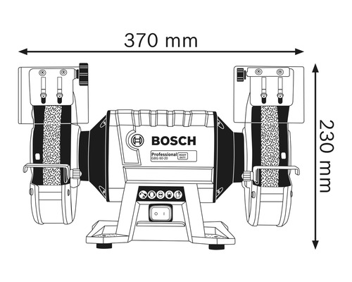 Technische Zeichnung eines Bosch Doppelschleifers mit Maßangaben 370 mm Breite und 230 mm Höhe
